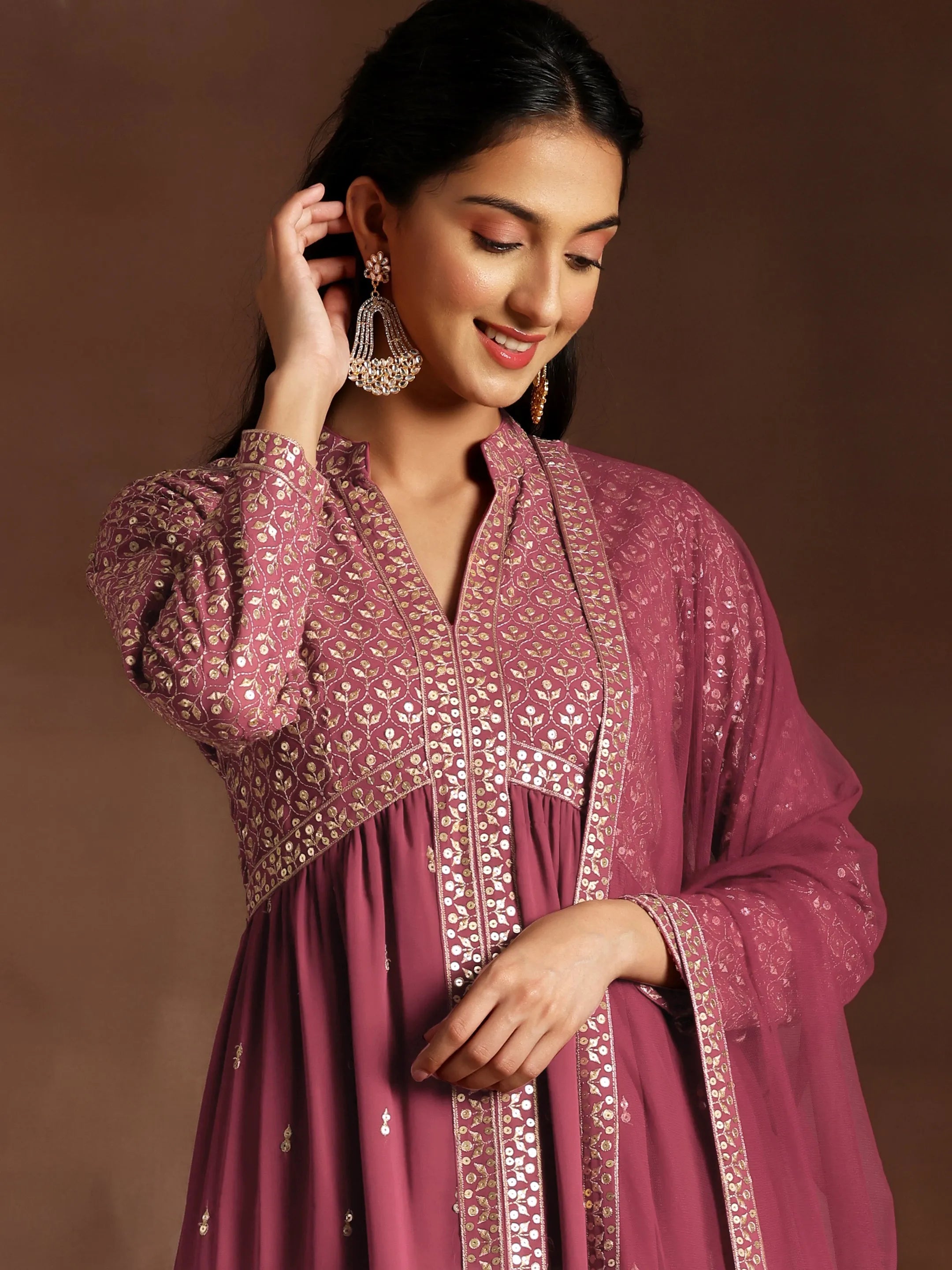 Chandni Mauve Embroidered Georgette A-Line Kurta With Trousers & Dupatta