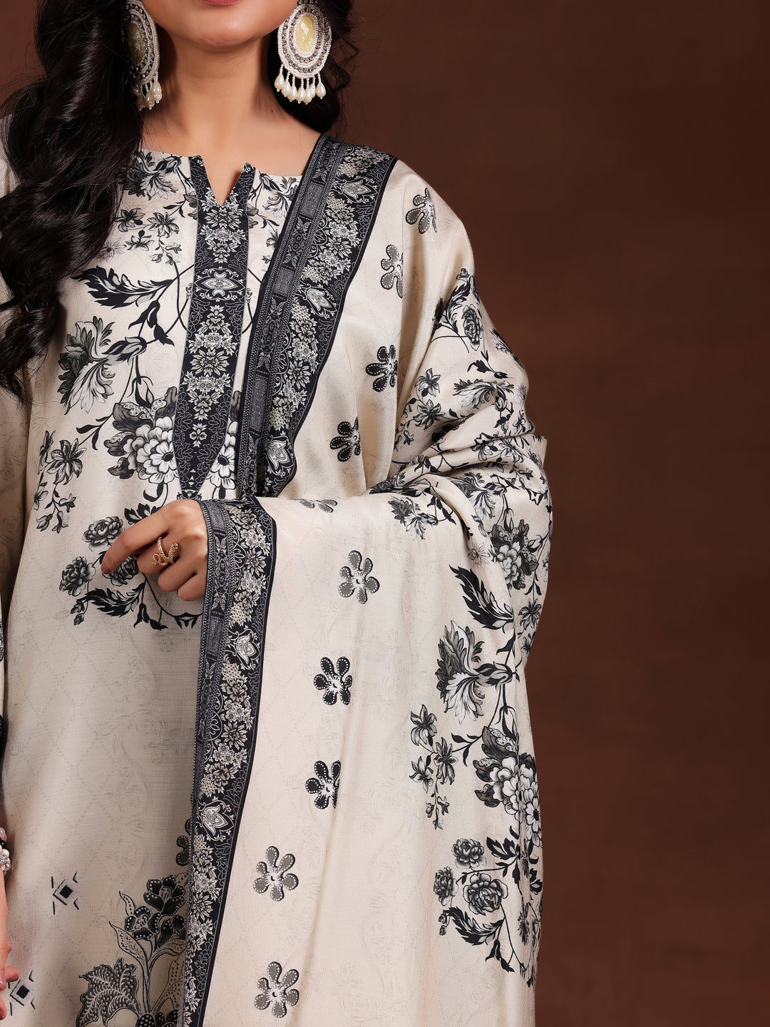 Monochrome Printed Silk Blend Straight Suit With Dupatta