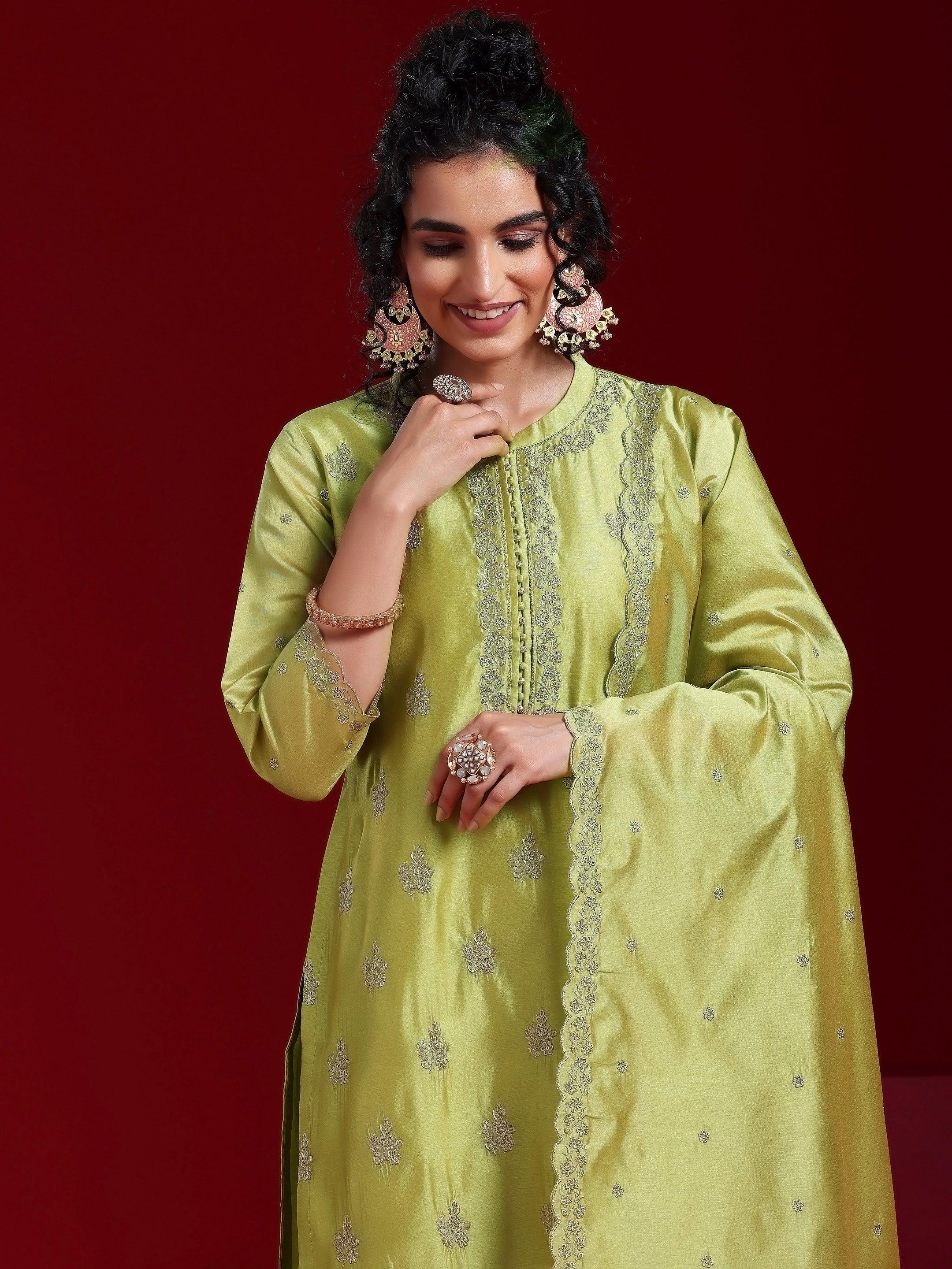 Libas Art Green Embroidered Chanderi Silk Straight Suit With Dupatta