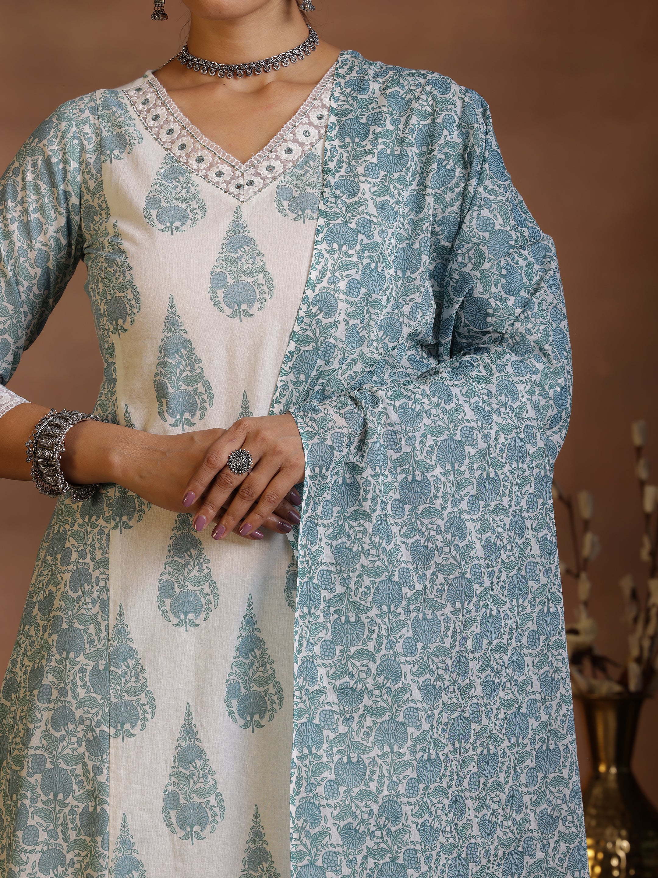 Off White Printed Cotton A-Line Kurta With Trousers & Dupatta