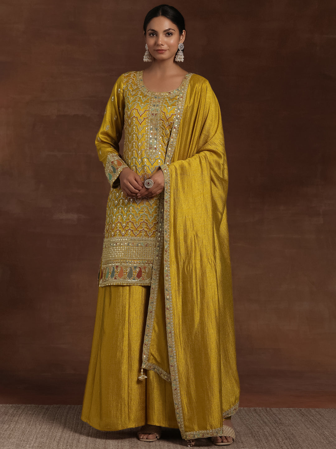 Adaa Mustard Embroidered Silk Blend Straight Kurta With Palazzos & Dupatta