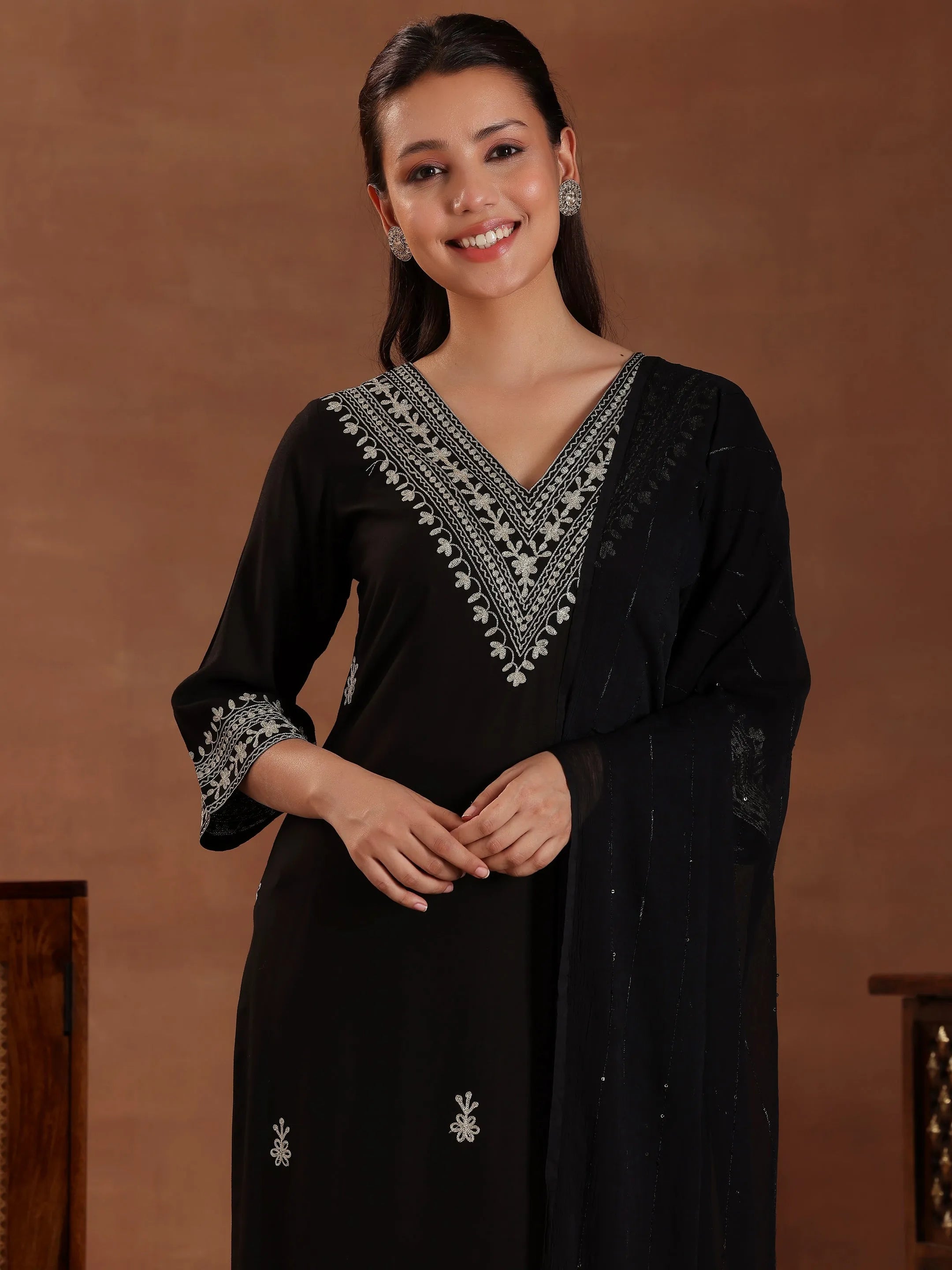 Black Embroidered Rayon Straight Suit With Dupatta