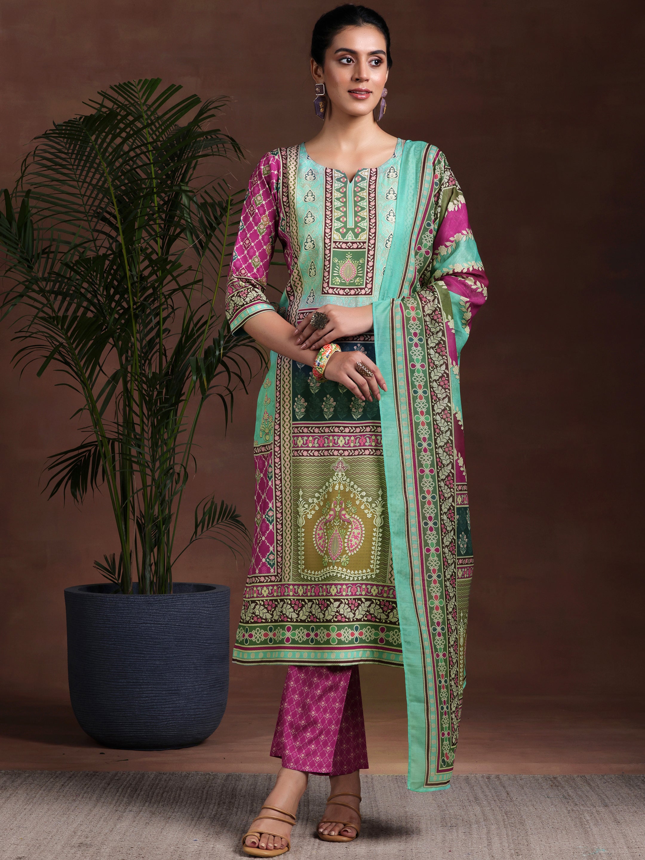 Multi Printed Poly Crepe Straight Suit With Dupatta