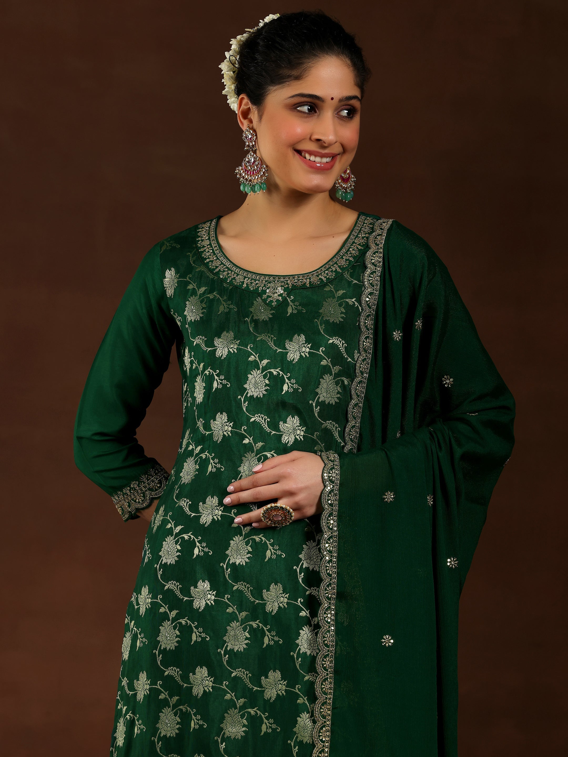 Green Woven Design Silk Blend Straight Suit With Dupatta