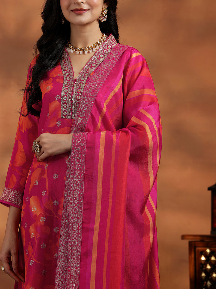 Pink Printed Silk Blend Straight Suit With Dupatta