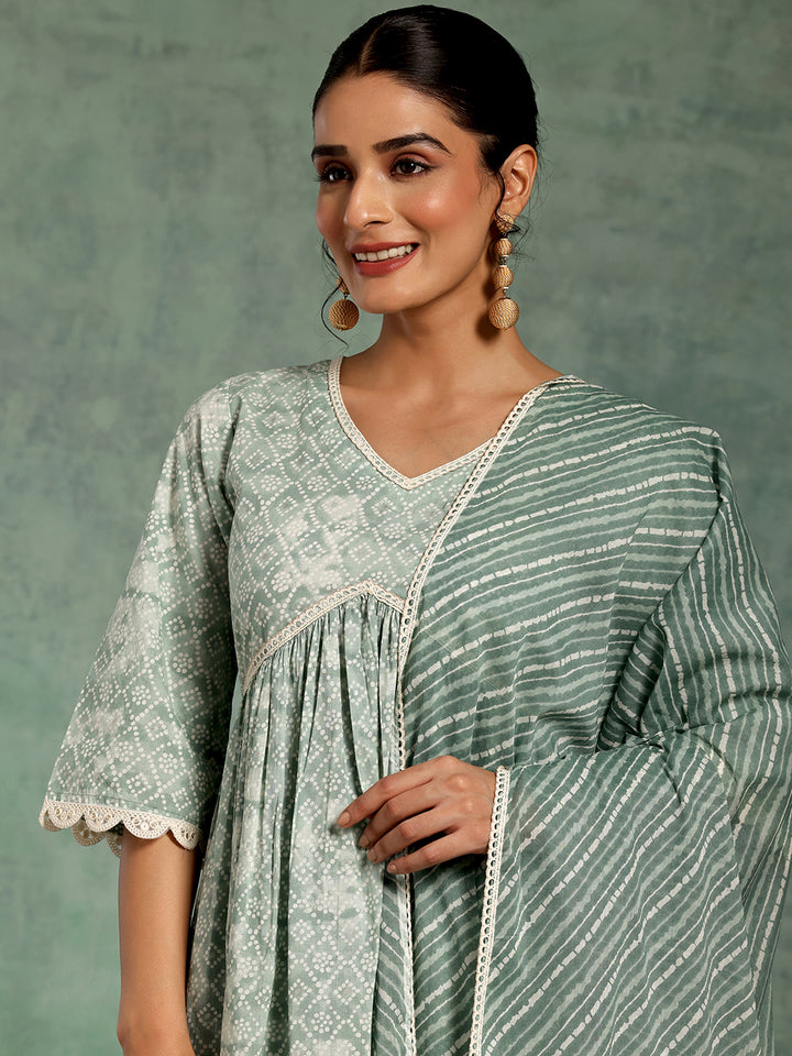 Green Printed Cotton A-Line Kurta With Palazzos & Dupatta