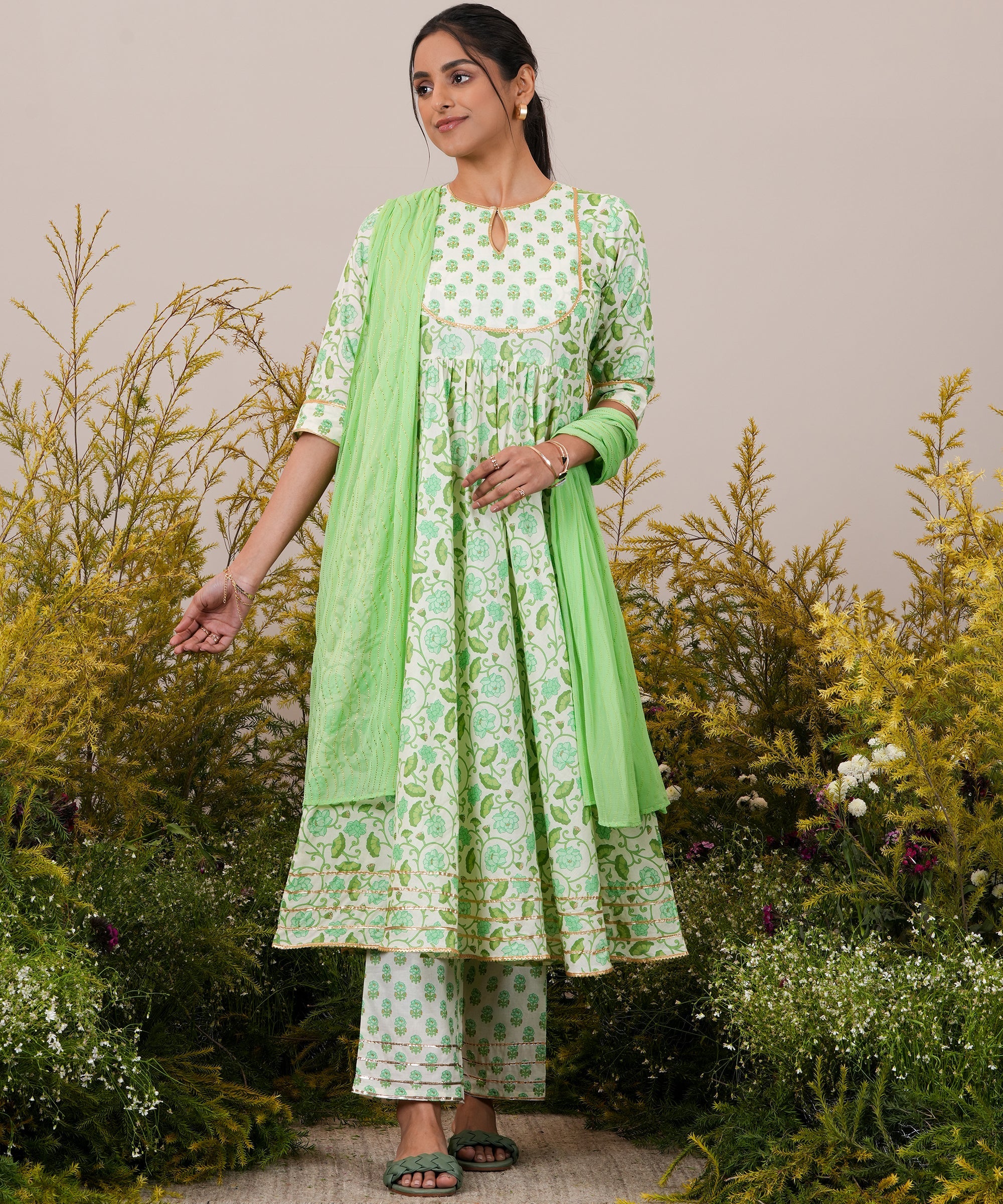 Green Yoke Design Cotton Anarkali Suit With Dupatta