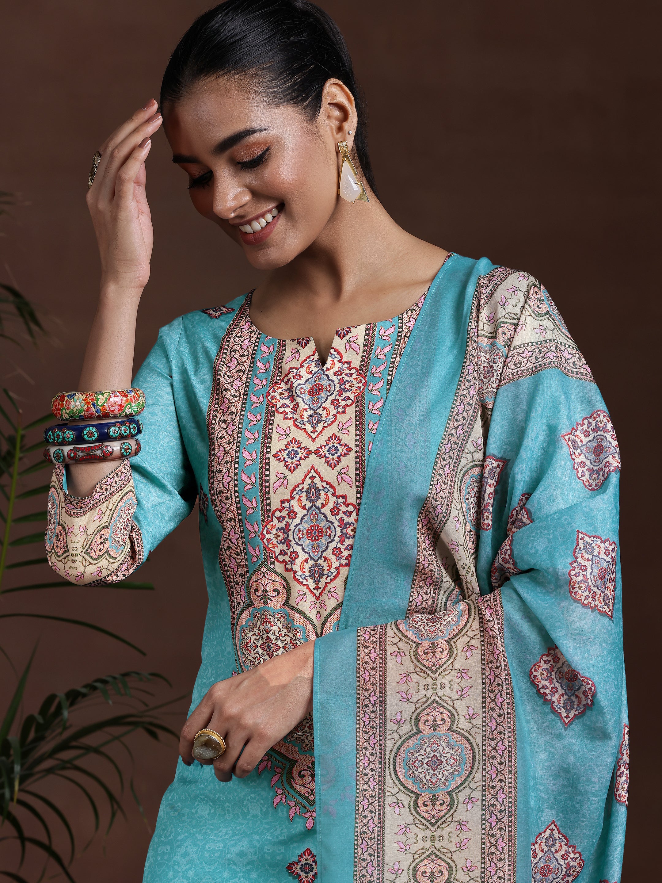 Blue Printed Poly Crepe Straight Suit With Dupatta