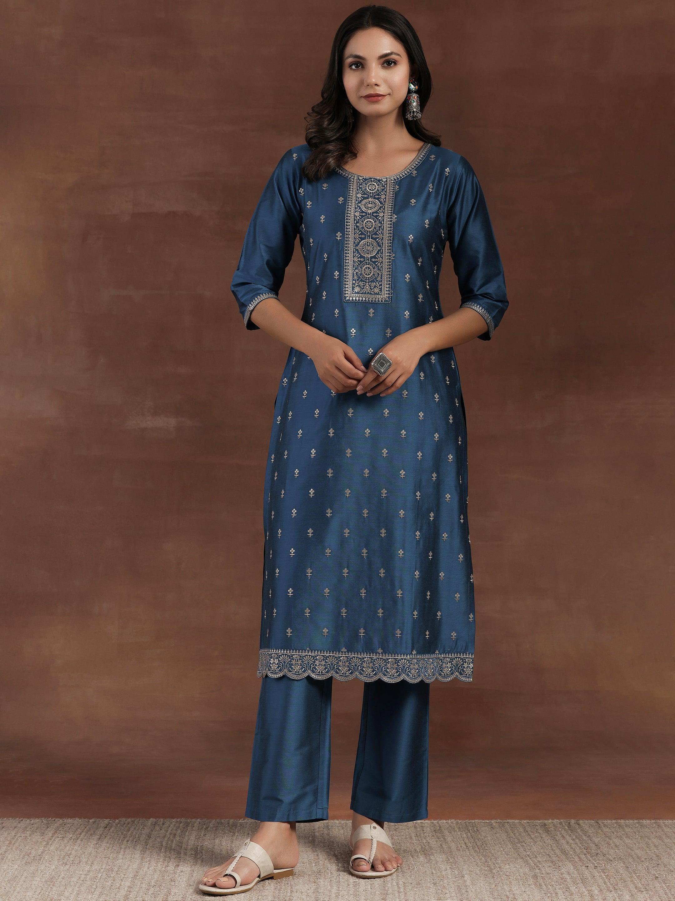 Blue Embroidered Silk Blend Straight Suit With Dupatta