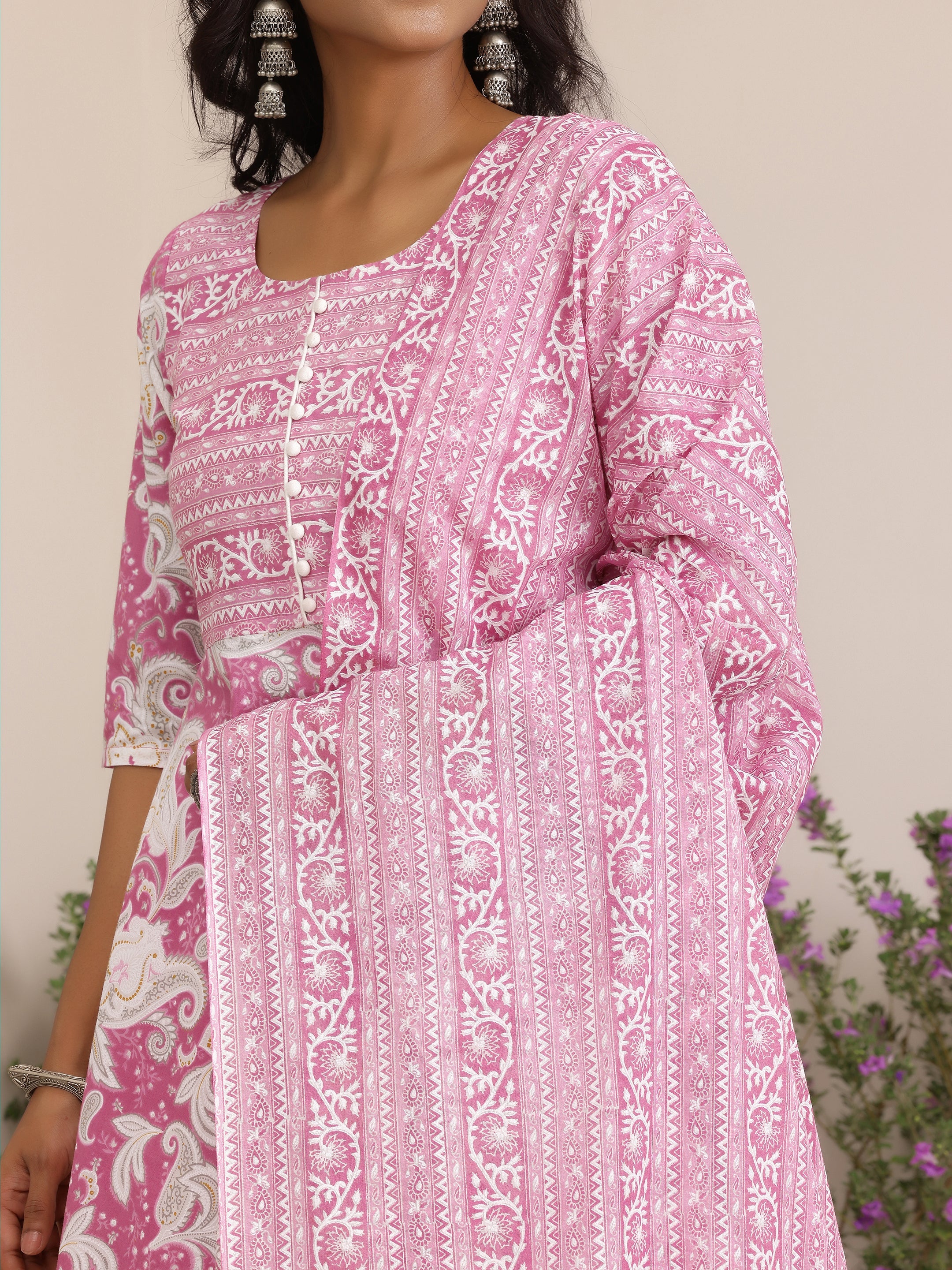 Pink Printed Cotton Anarkali Suit With Dupatta