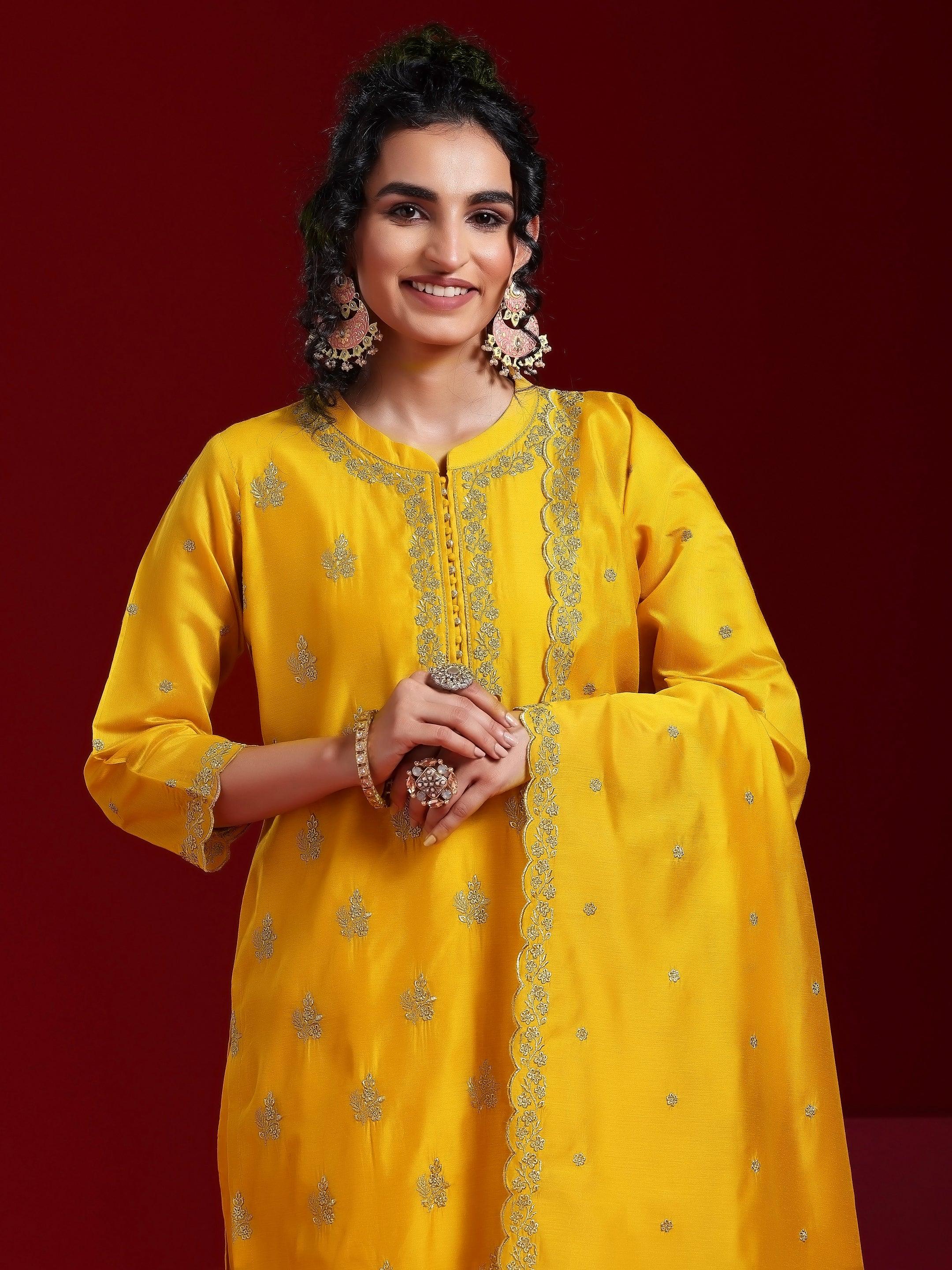 Libas Art Mustard Embroidered Chanderi Silk Straight Suit With Dupatta