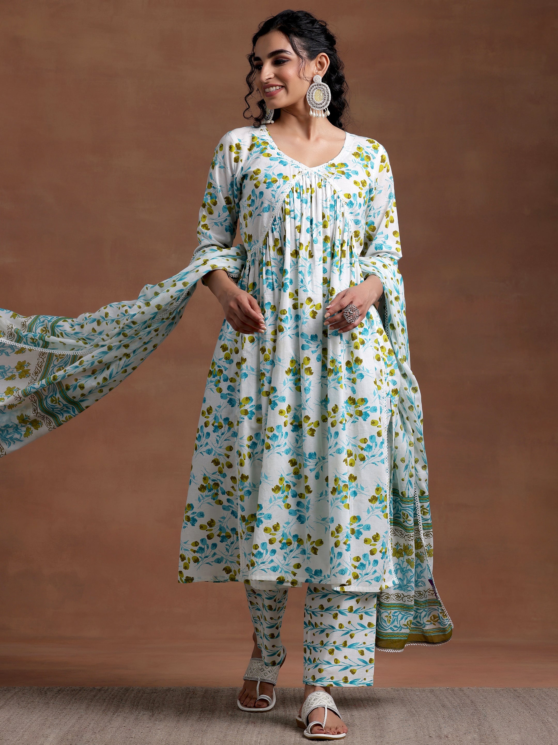 Off White Printed Cotton A-Line Kurta With Palazzos & Dupatta