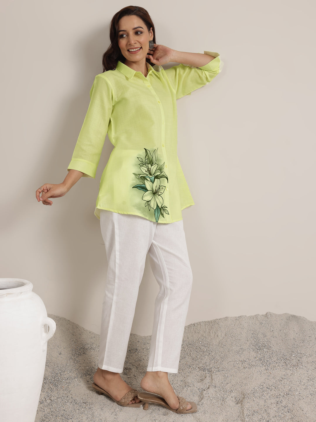 Lime Printed Cotton Blend Straight Short Kurti