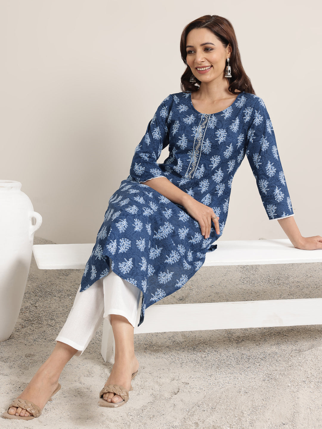 Blue Printed Cotton Straight Kurta