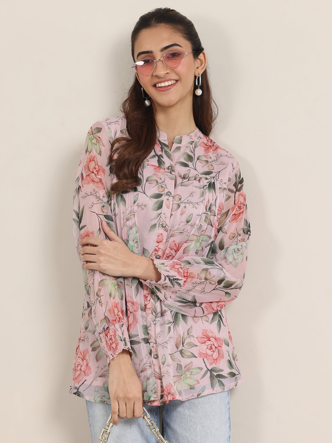 Pink Printed Chiffon Straight Short Kurti