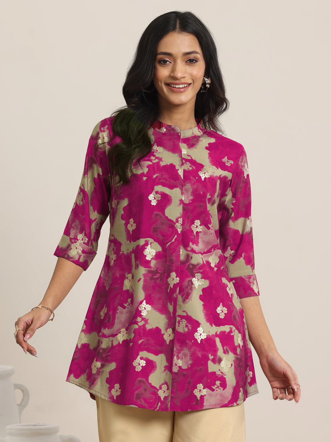 Pink Printed Silk Blend Straight Short Kurti