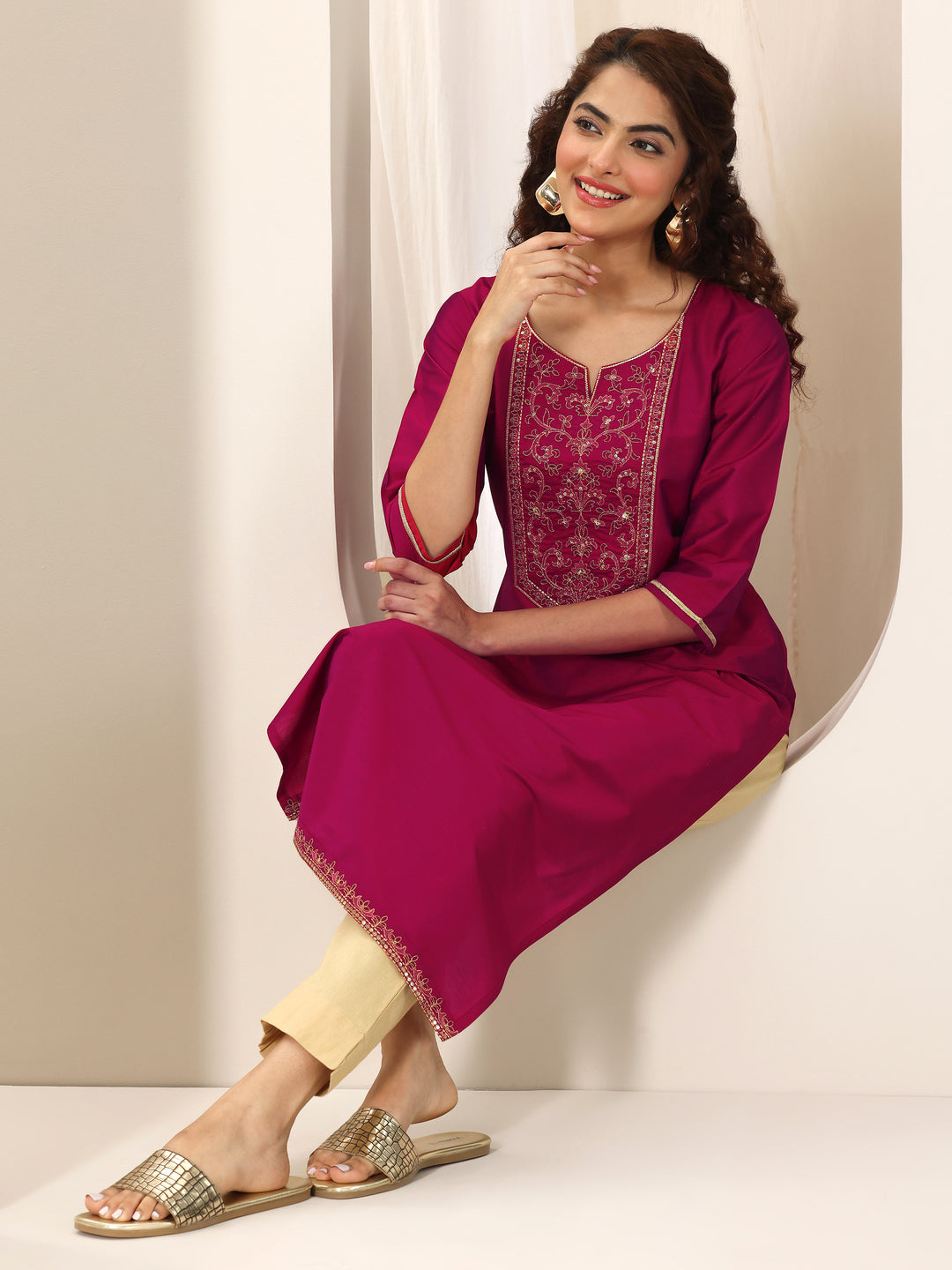 Pink Yoke Design Silk Straight Kurta