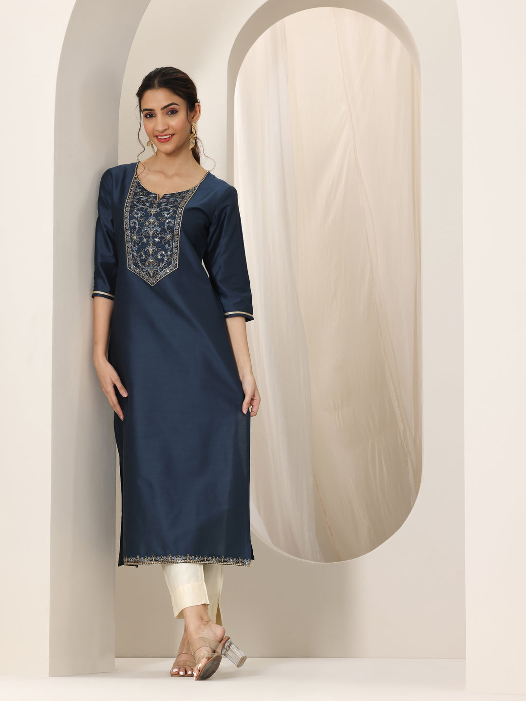 Navy Blue Yoke Design Silk Straight Kurta