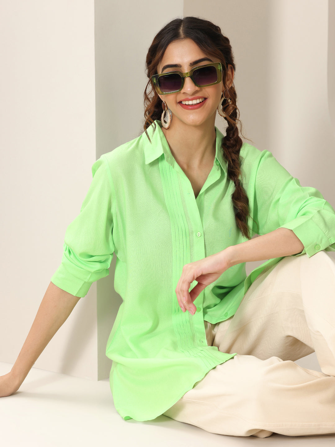 Green Solid Rayon Straight Short Kurti