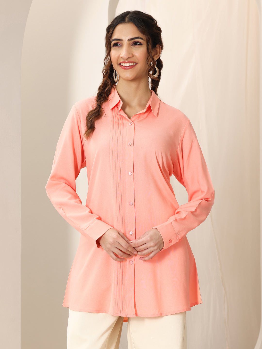 Peach Solid Rayon Straight Short Kurti