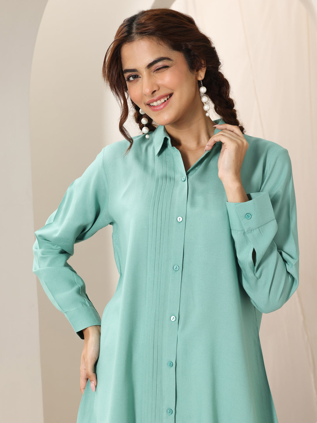 Green Solid Rayon Straight Short Kurti