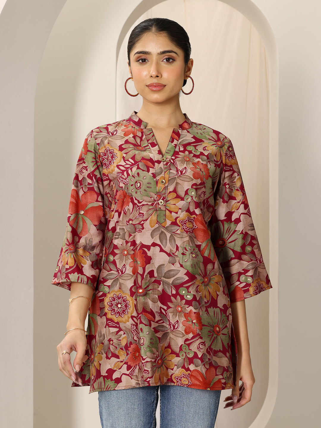 Multi Printed Silk Blend Straight Short Kurti