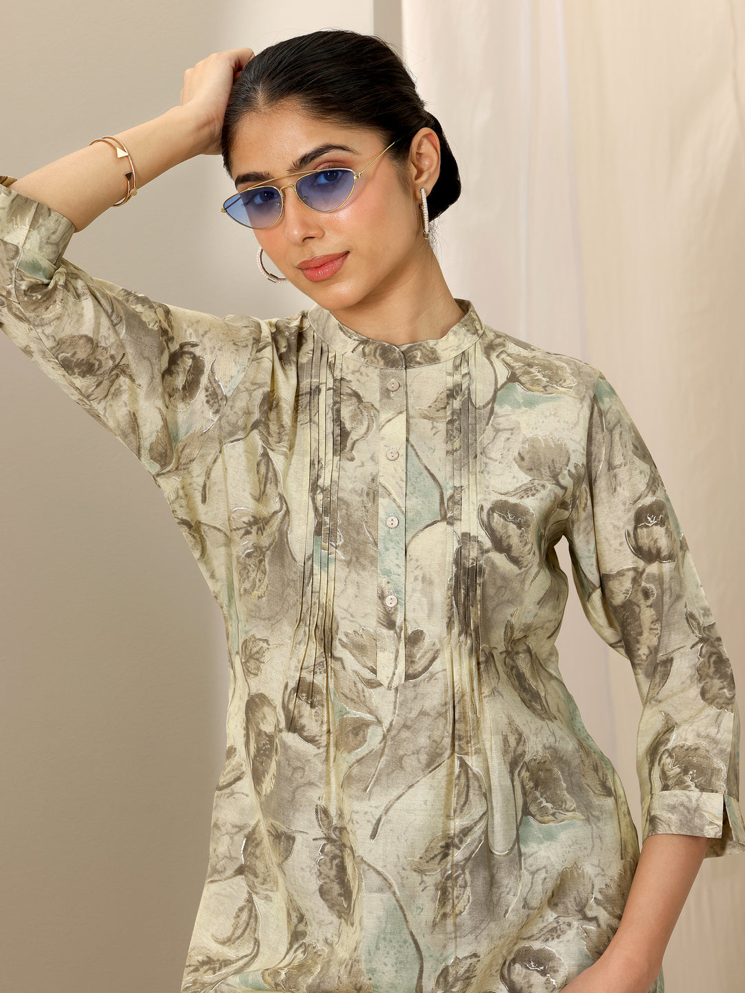 Beige Printed Silk Blend Straight Short Kurti