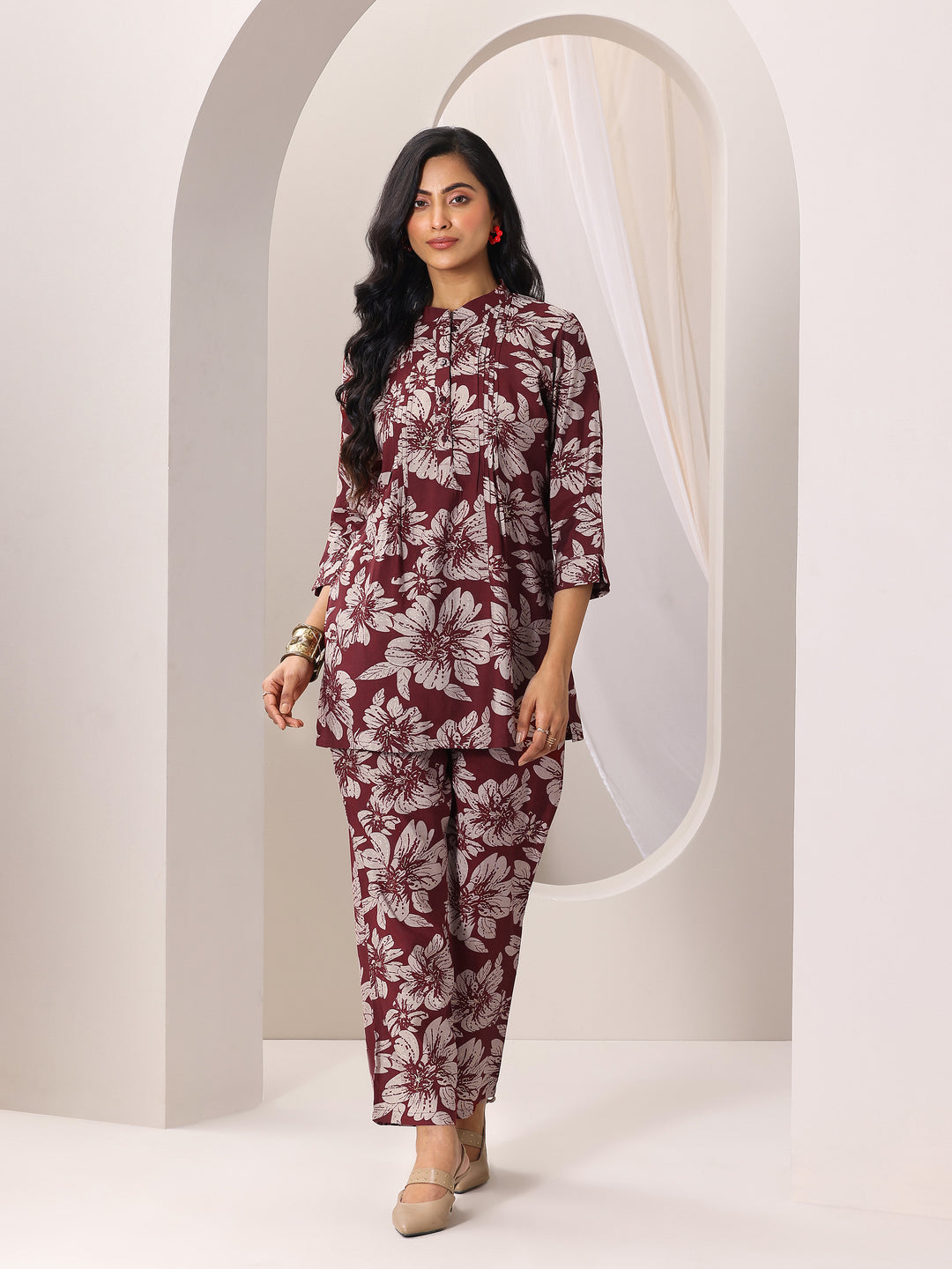 Maroon Printed Silk Blend Co-Ord Sets