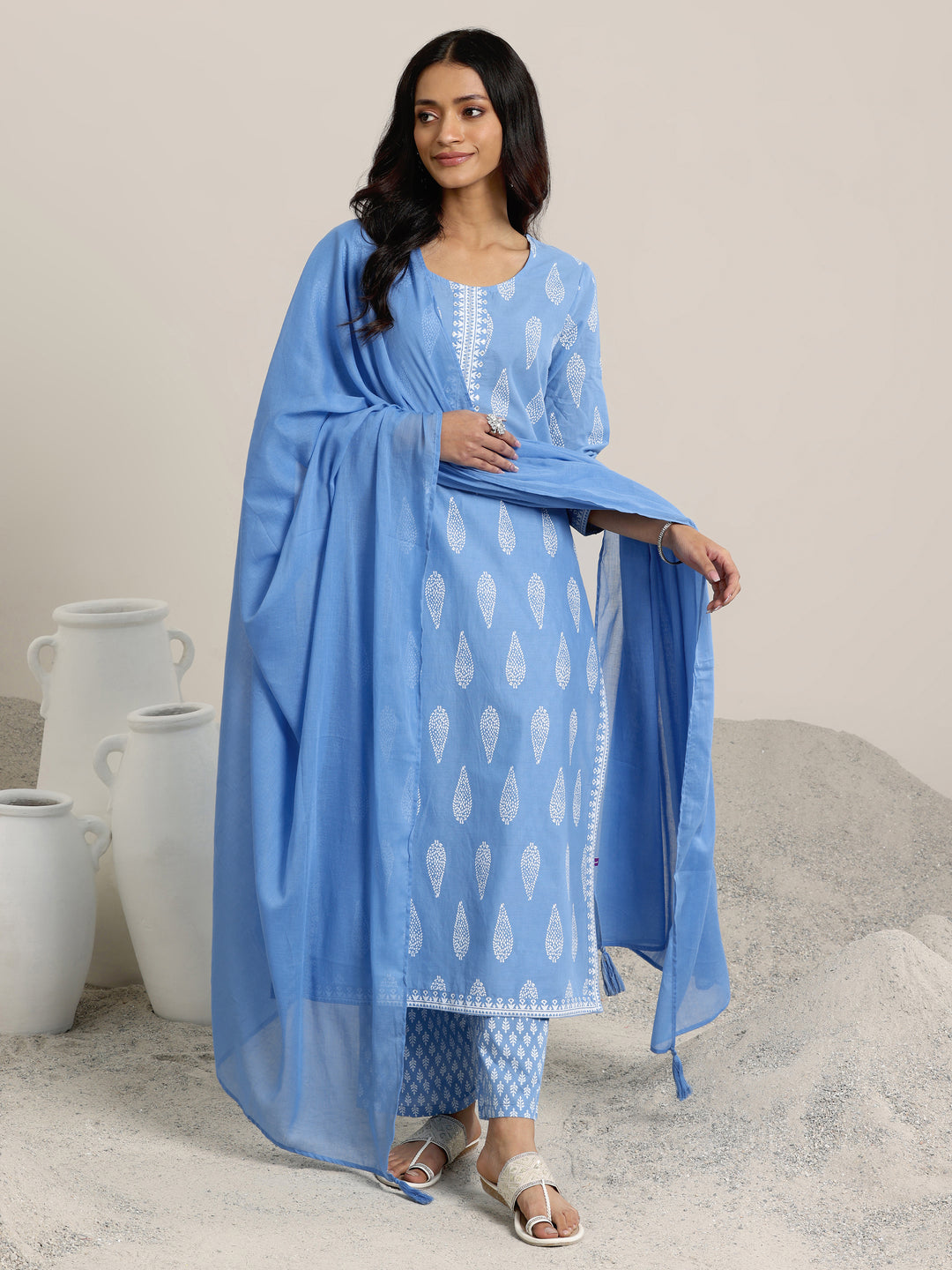 Blue Printed Cotton Straight  Suits With Dupatta