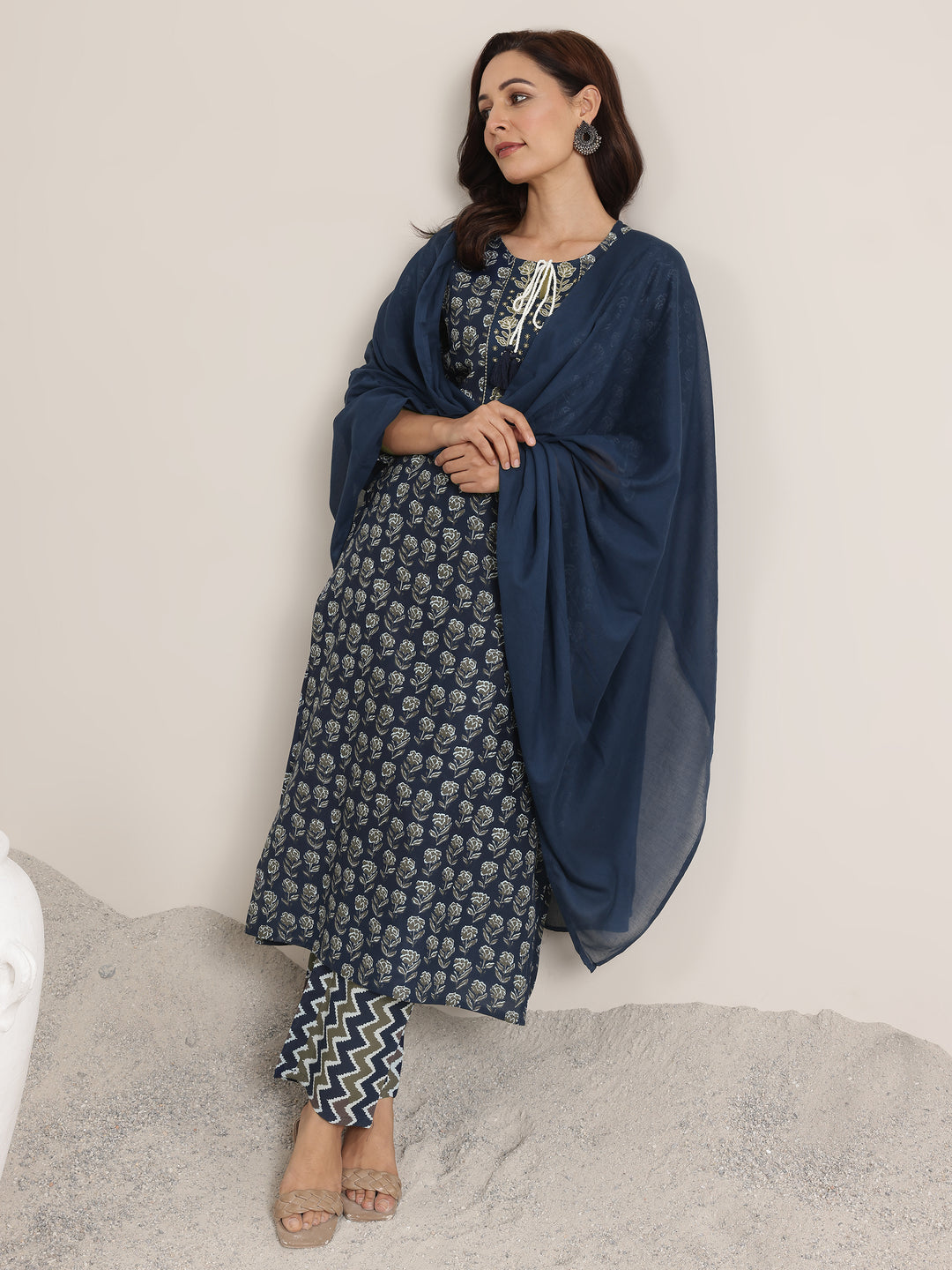 Navy Printed Cotton Straight Suit Set With Dupatta