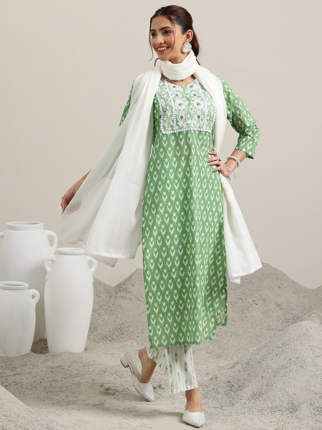 Green Printed Cotton Straight Suit With Dupatta