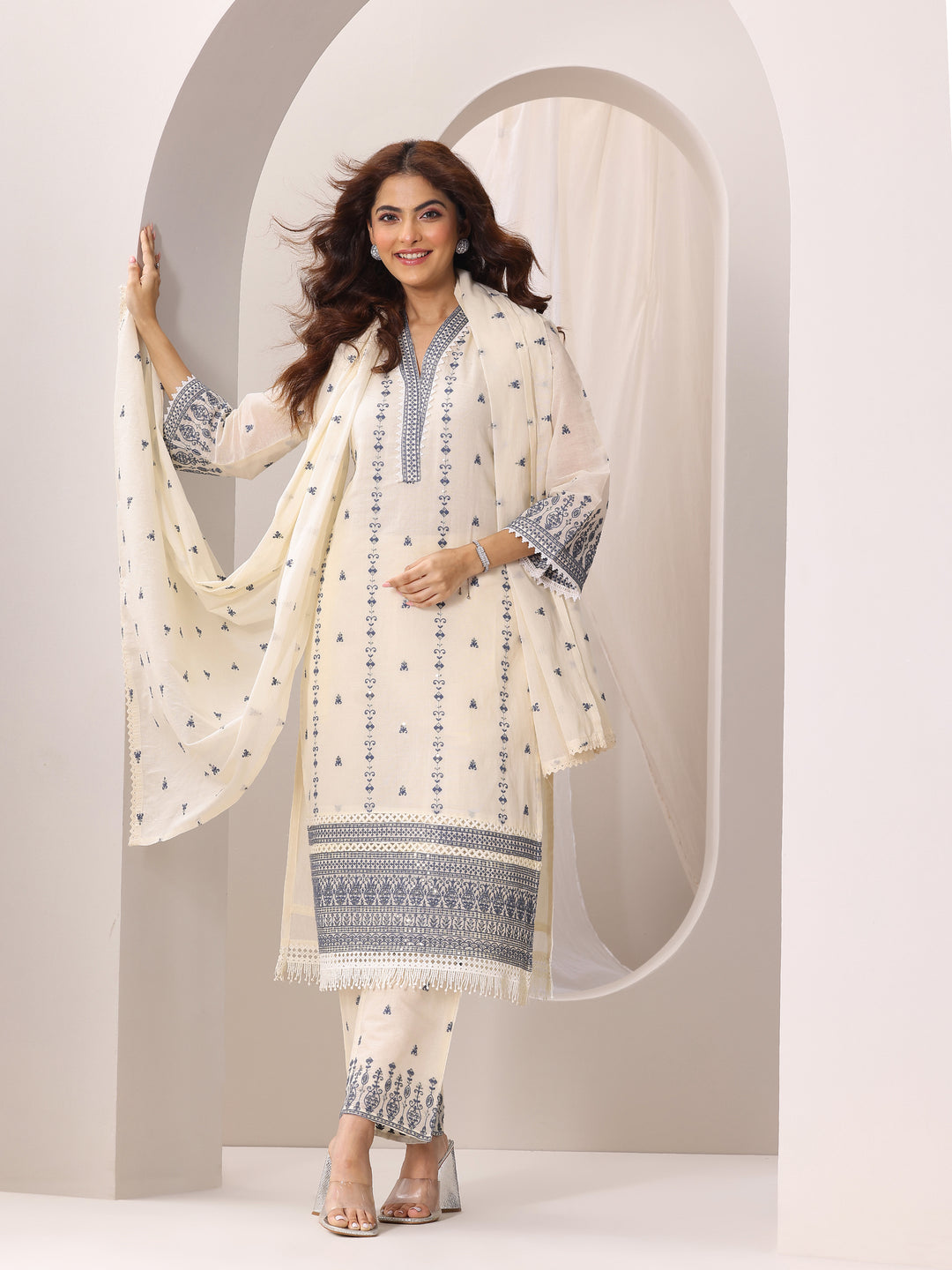 Off White Embroidered Cotton Straight Suit Set With Dupatta