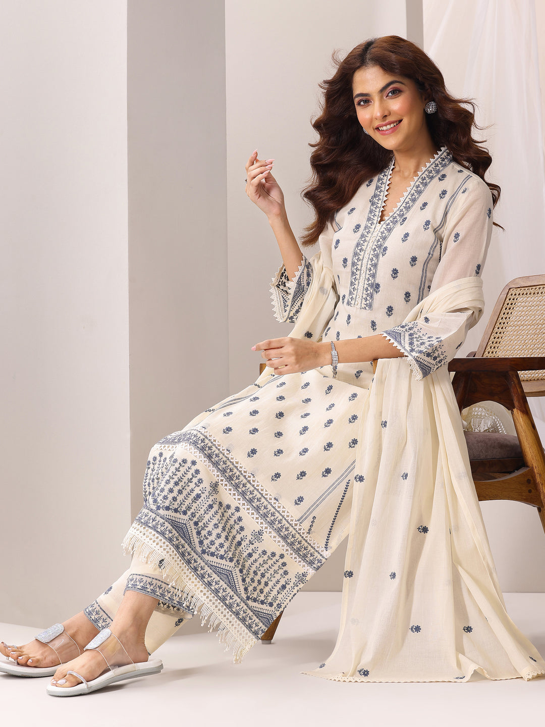 Off White Embroidered Cotton Straight Suit Set With Dupatta