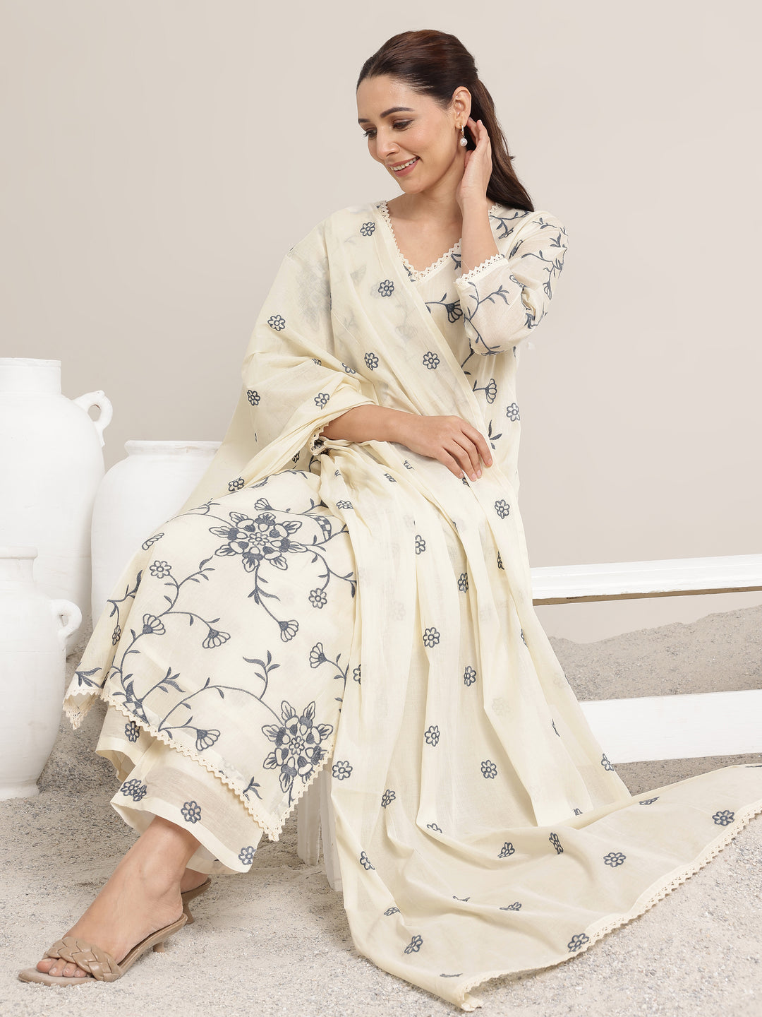 Off White Embroidered Cotton Straight Suit Set With Dupatta