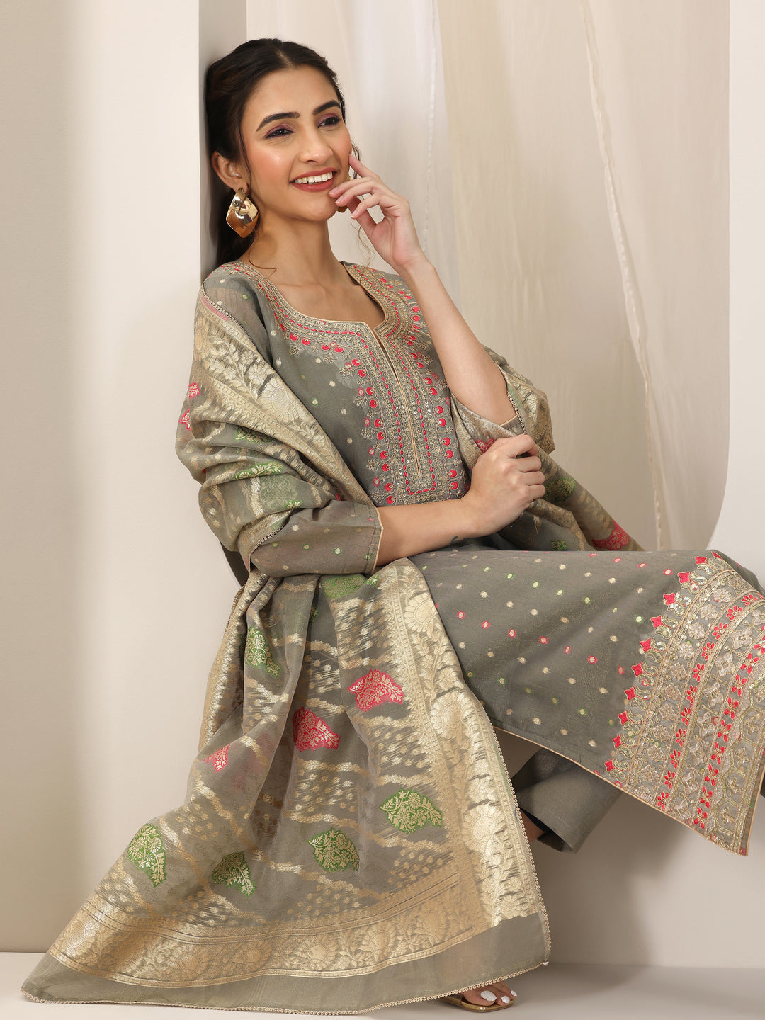 Grey Woven Design Chanderi Silk Straight Suit Set With Dupatta