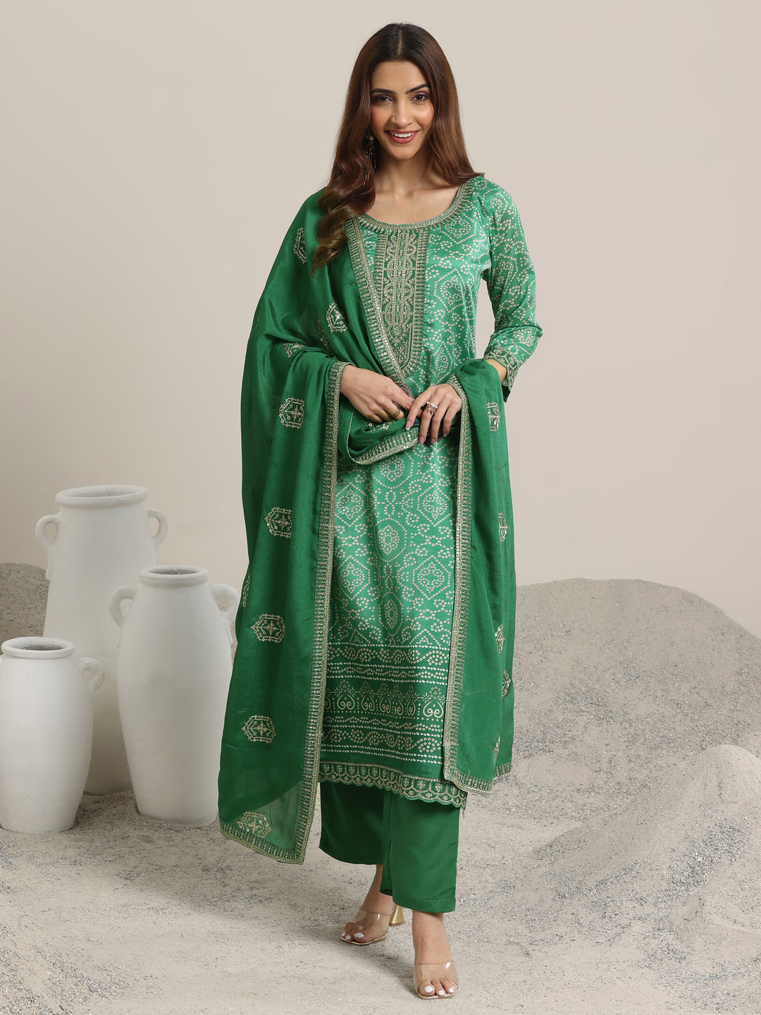 Green Printed Chinon Straight  Suits With Dupatta