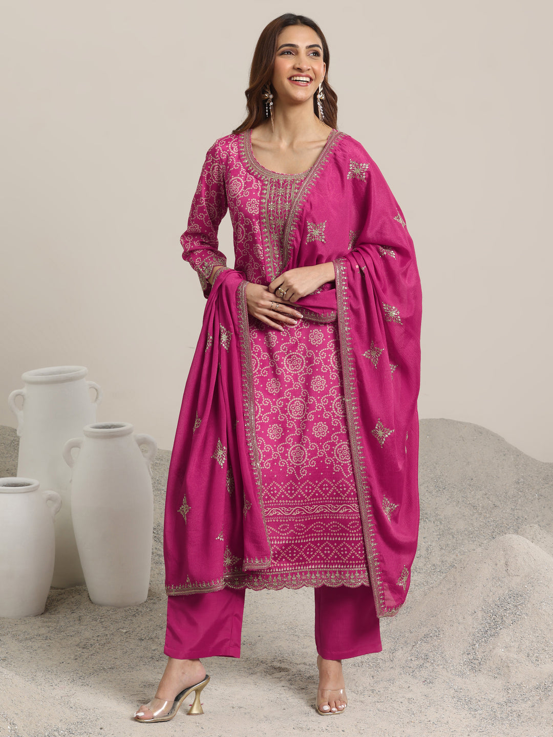 Pink Printed Chinon Straight Suit Set With Dupatta