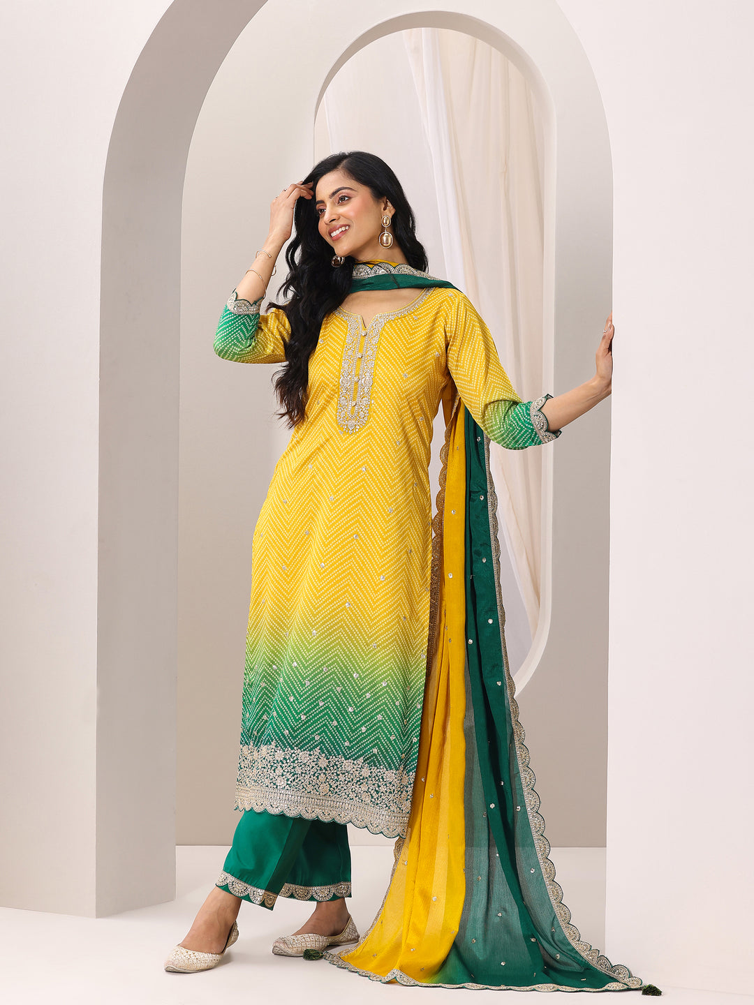 Mustard Printed Chinon Straight Suit Set With Dupatta