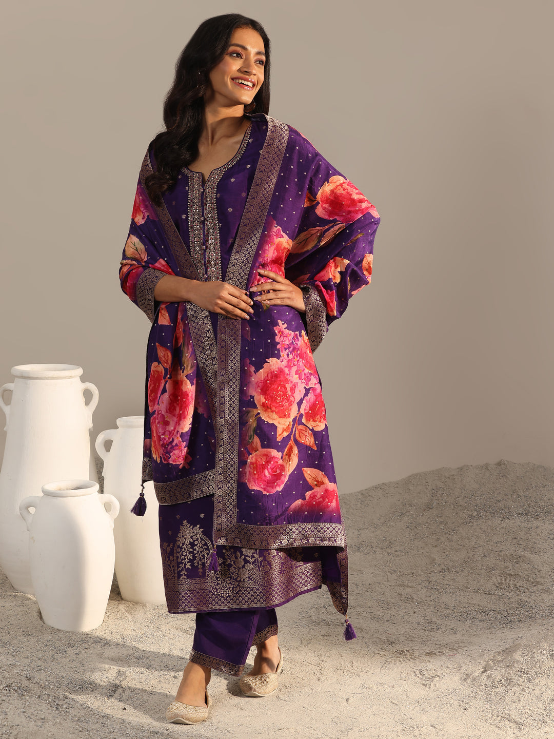 Purple Woven Design Silk Blend Straight Suit With Dupatta