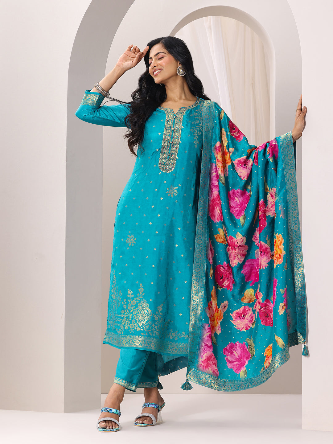 Rama Woven Design Silk Blend Straight Suit Set With Dupatta