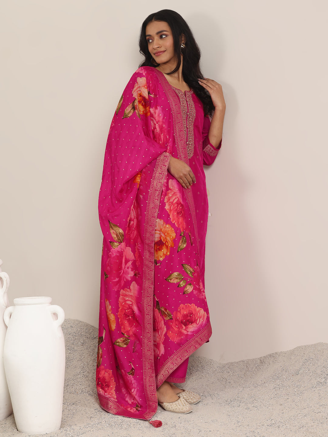 Pink Woven Design Silk Blend Straight Suit With Dupatta