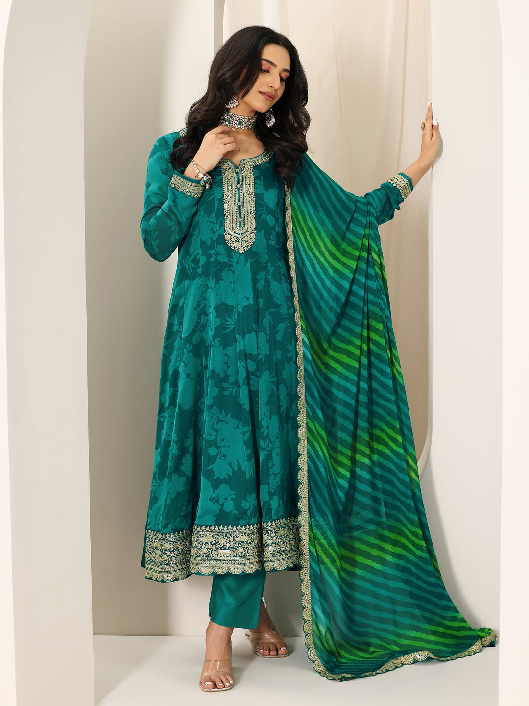 Rama Printed Silk Chiffon Anarkali Suit Set With Dupatta