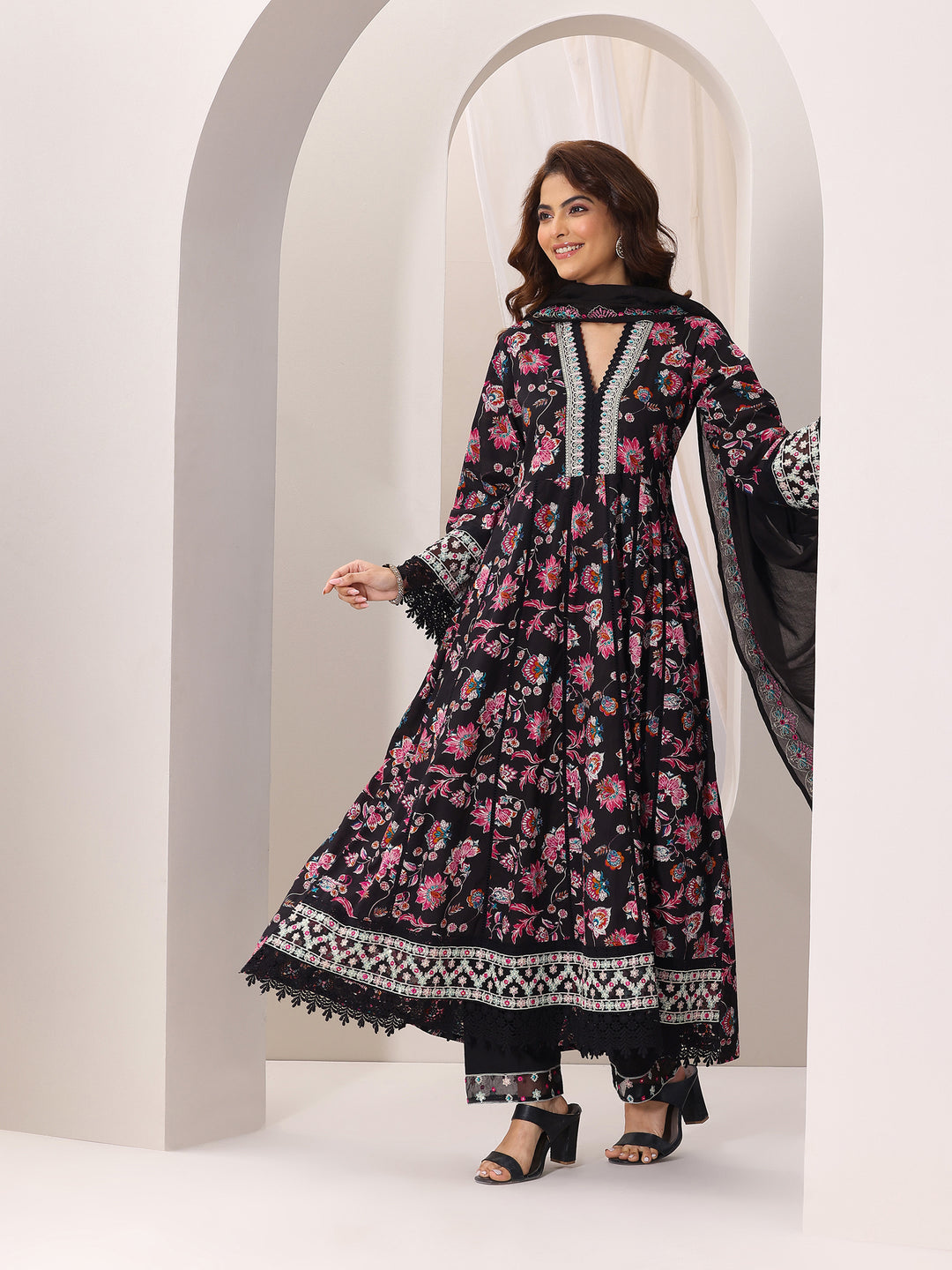 Black Printed Cotton Anarkali Suit Set With Dupatta