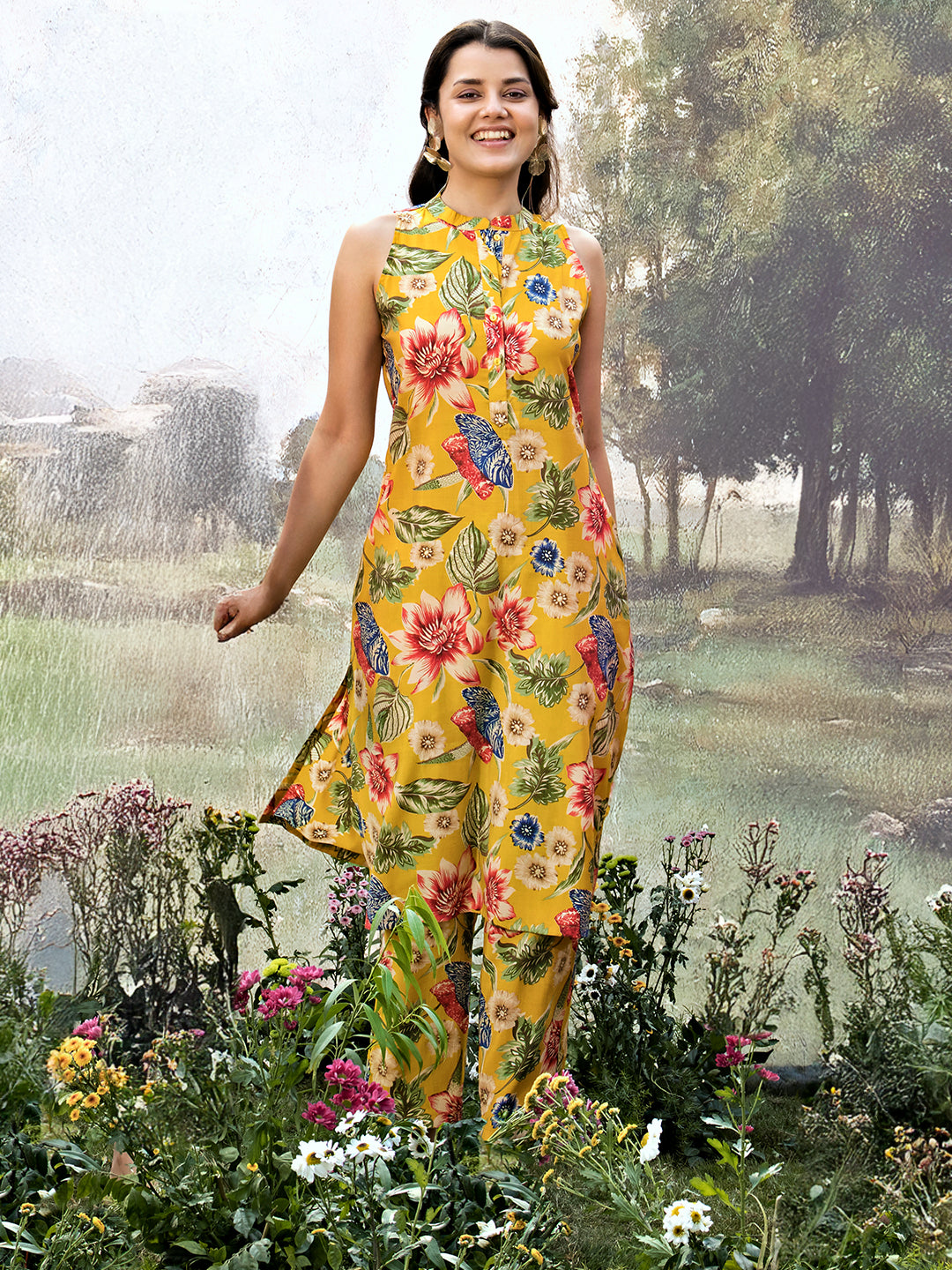 Mustard Printed Silk Blend A-line Kurta Set