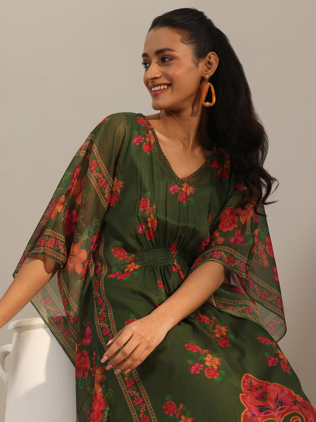 Green Printed Chiffon kaftan Kurta Set