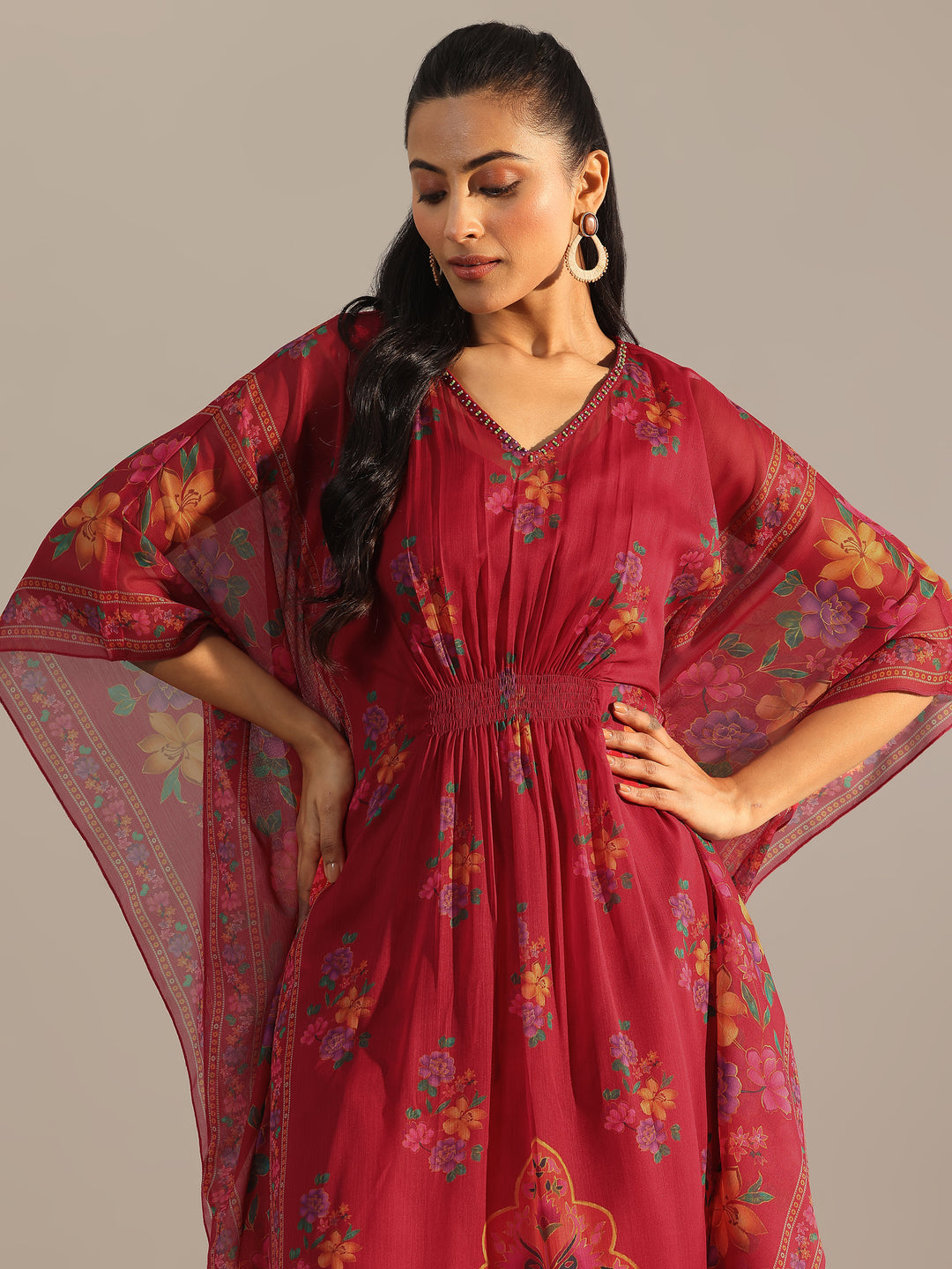 Maroon Printed Chiffon A-line Kurta Set