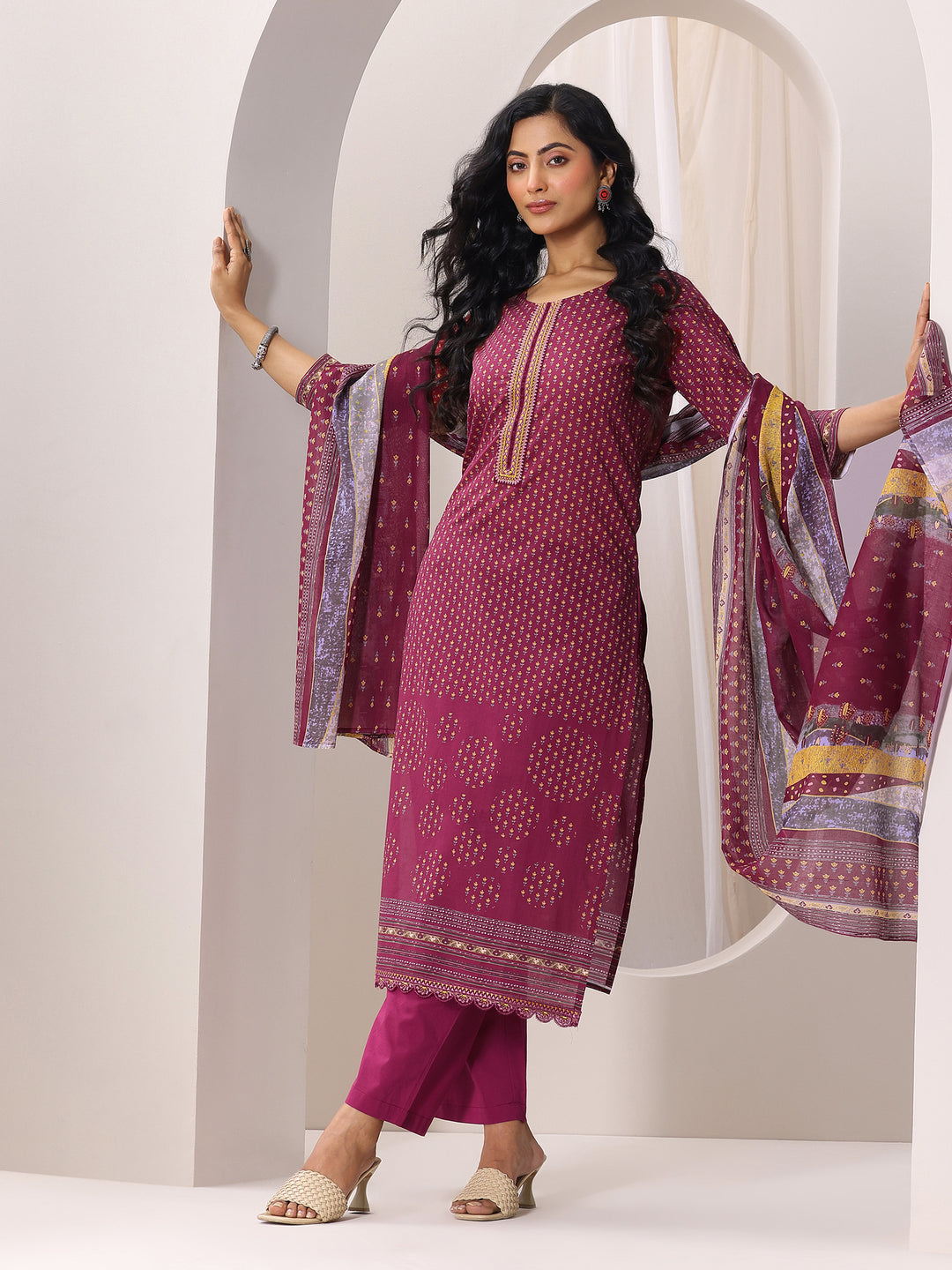 Maroon Printed Cotton Straight Suit Set With Dupatta