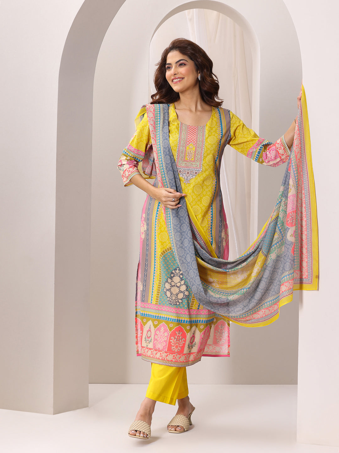 Yellow Printed Cotton Straight Suit Set With Dupatta