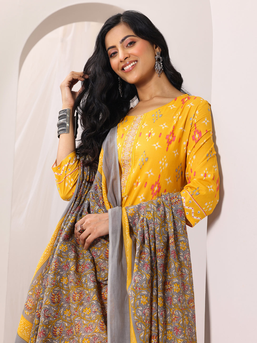 Mustard Printed Cotton Straight Suit Set With Dupatta