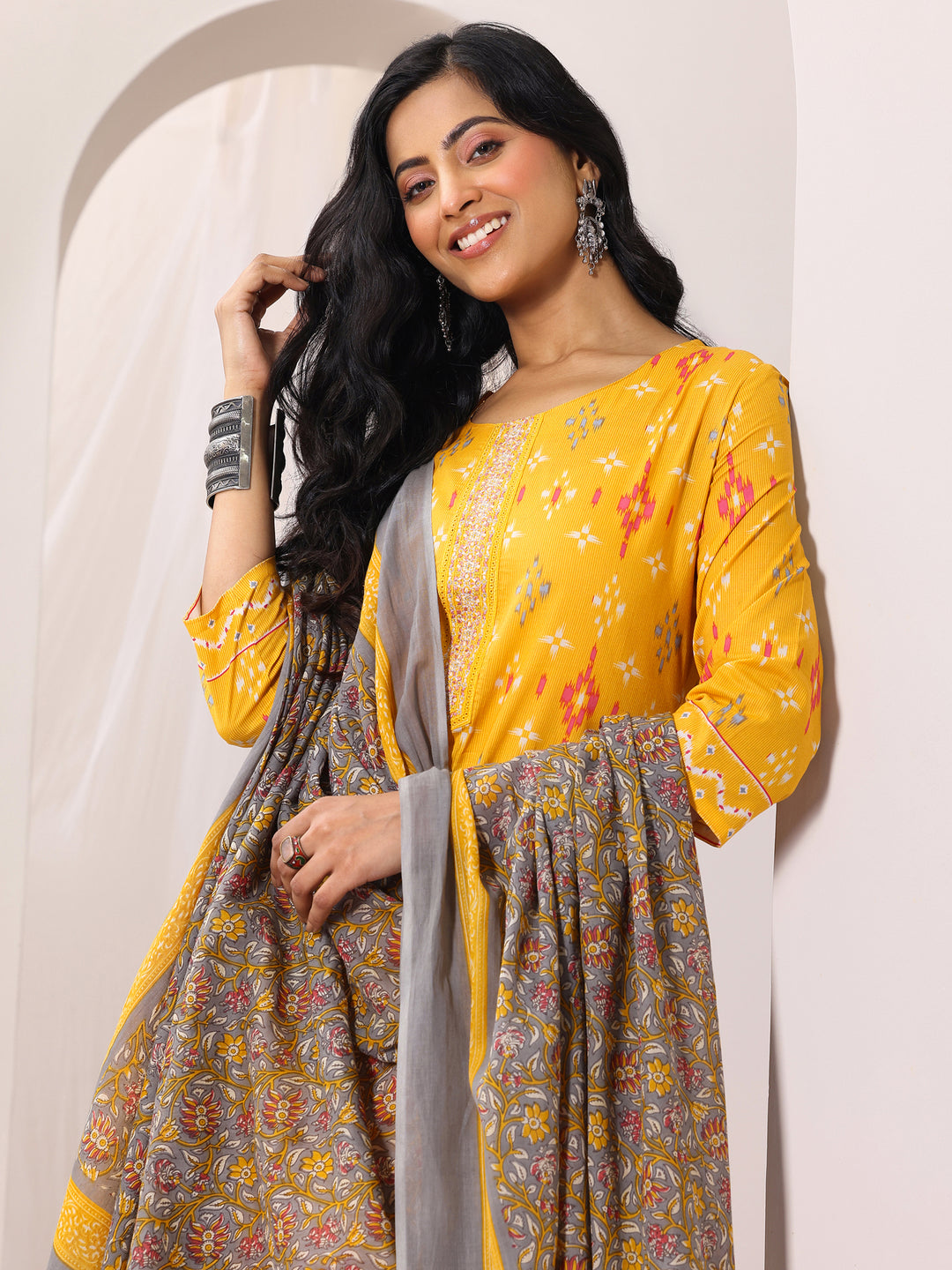 Mustard Printed Cotton Straight Suit Set With Dupatta